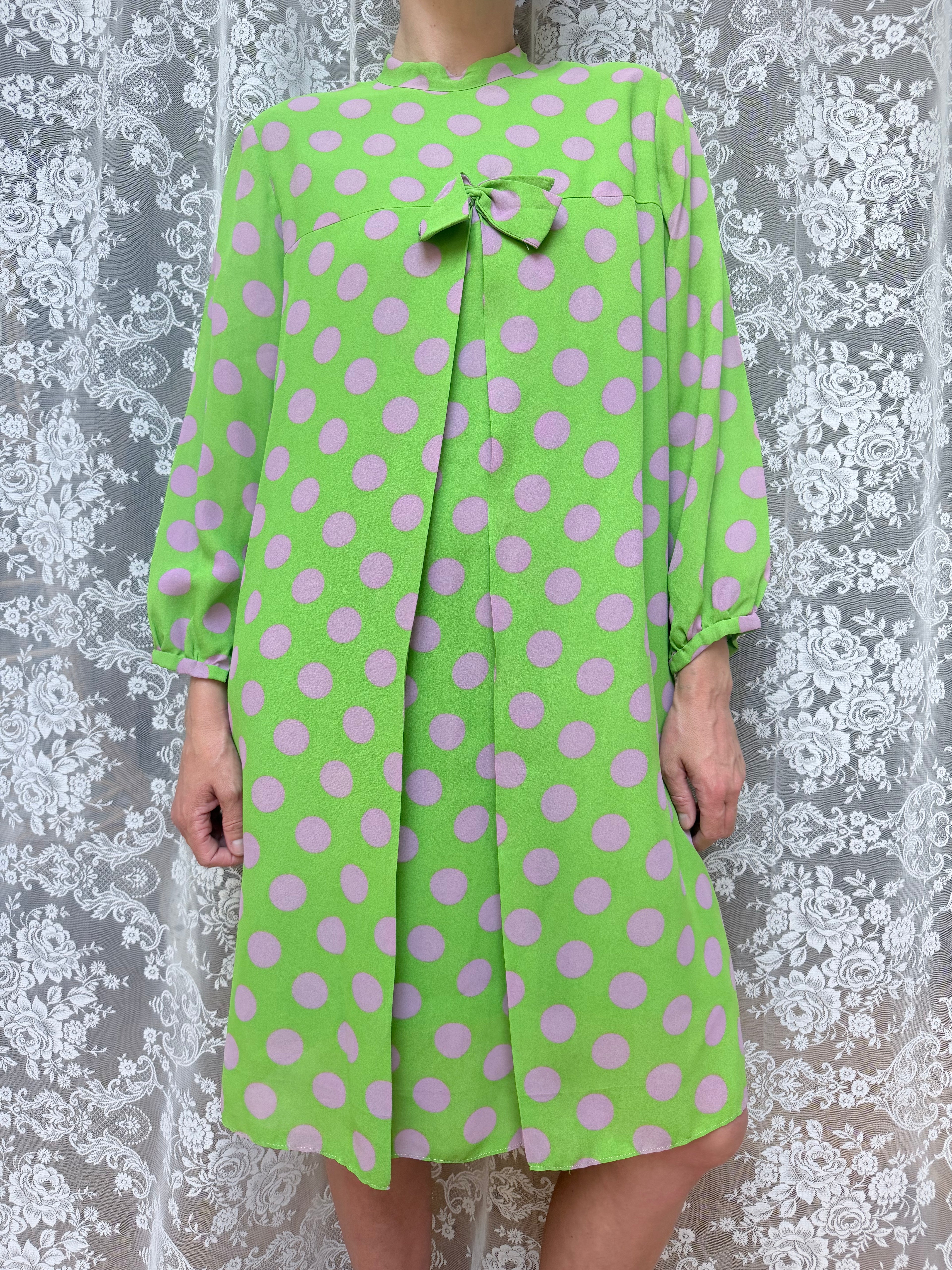 Vintage 1960s Handmade Lime Green Psychedelic Polka Dot Mod Dress