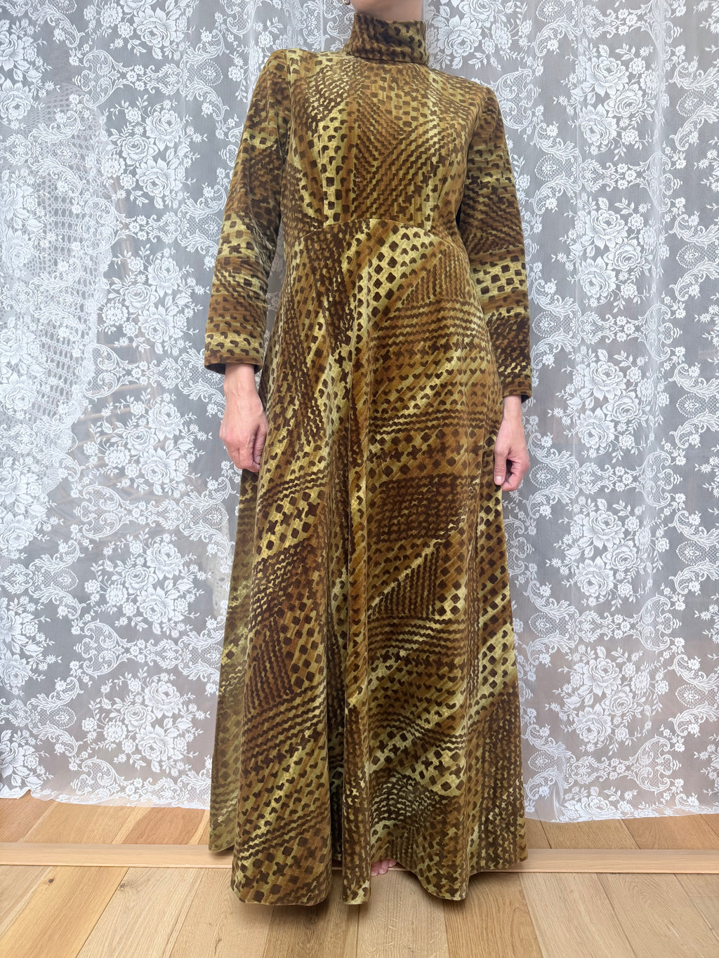 Vintage 1970s Moss Green High Neck Revival Handmade Maxi Dress
