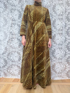 Vintage 1970s Moss Green High Neck Revival Handmade Maxi Dress