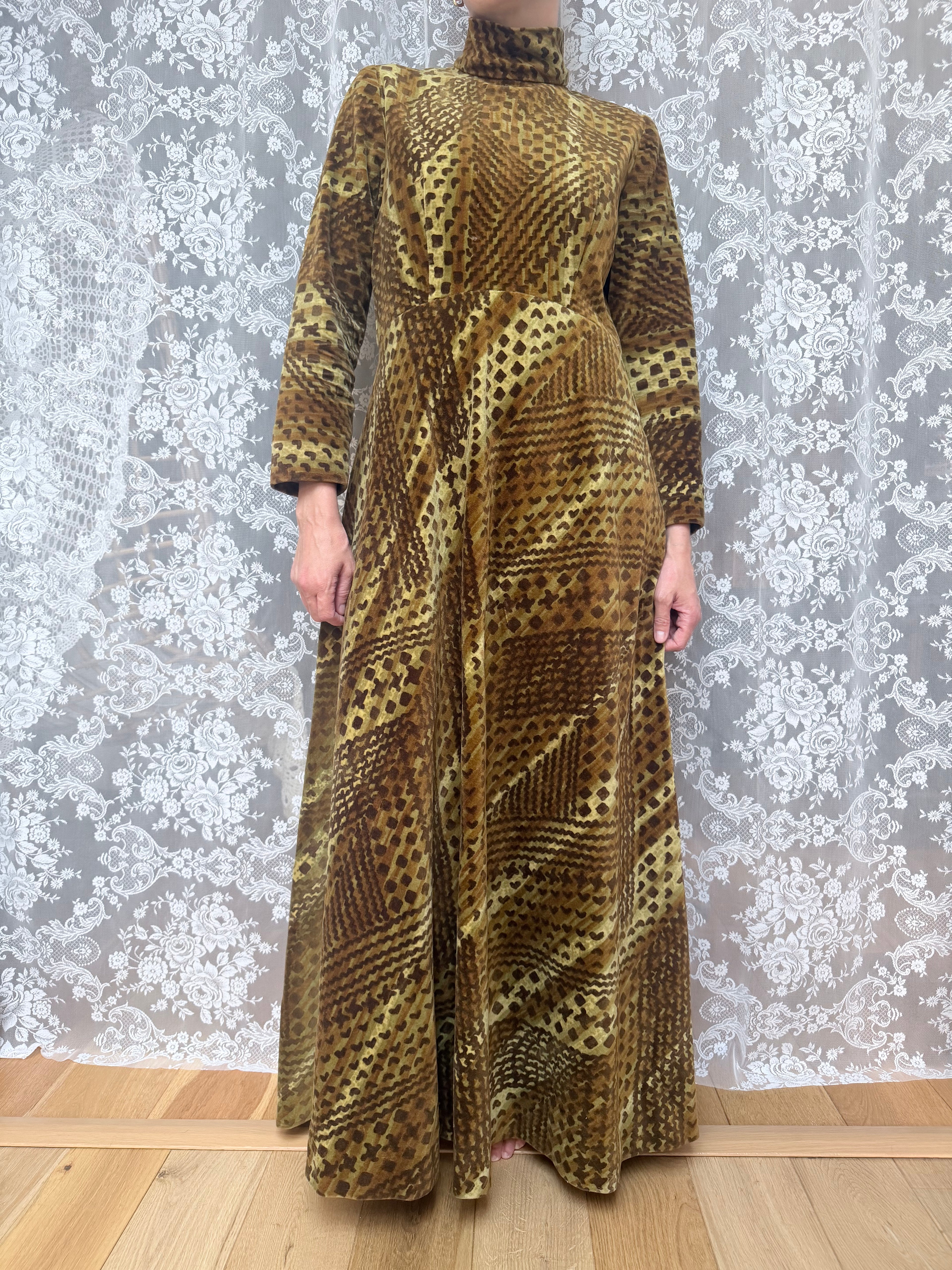 Vintage 1970s Moss Green High Neck Revival Handmade Maxi Dress