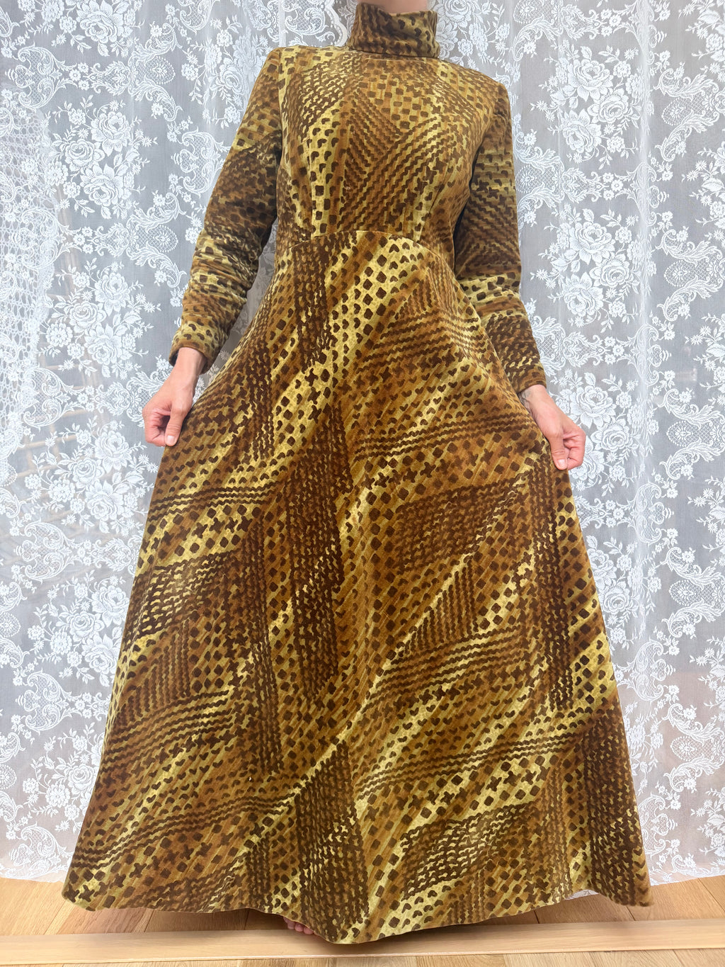 Vintage 1970s Moss Green High Neck Revival Handmade Maxi Dress