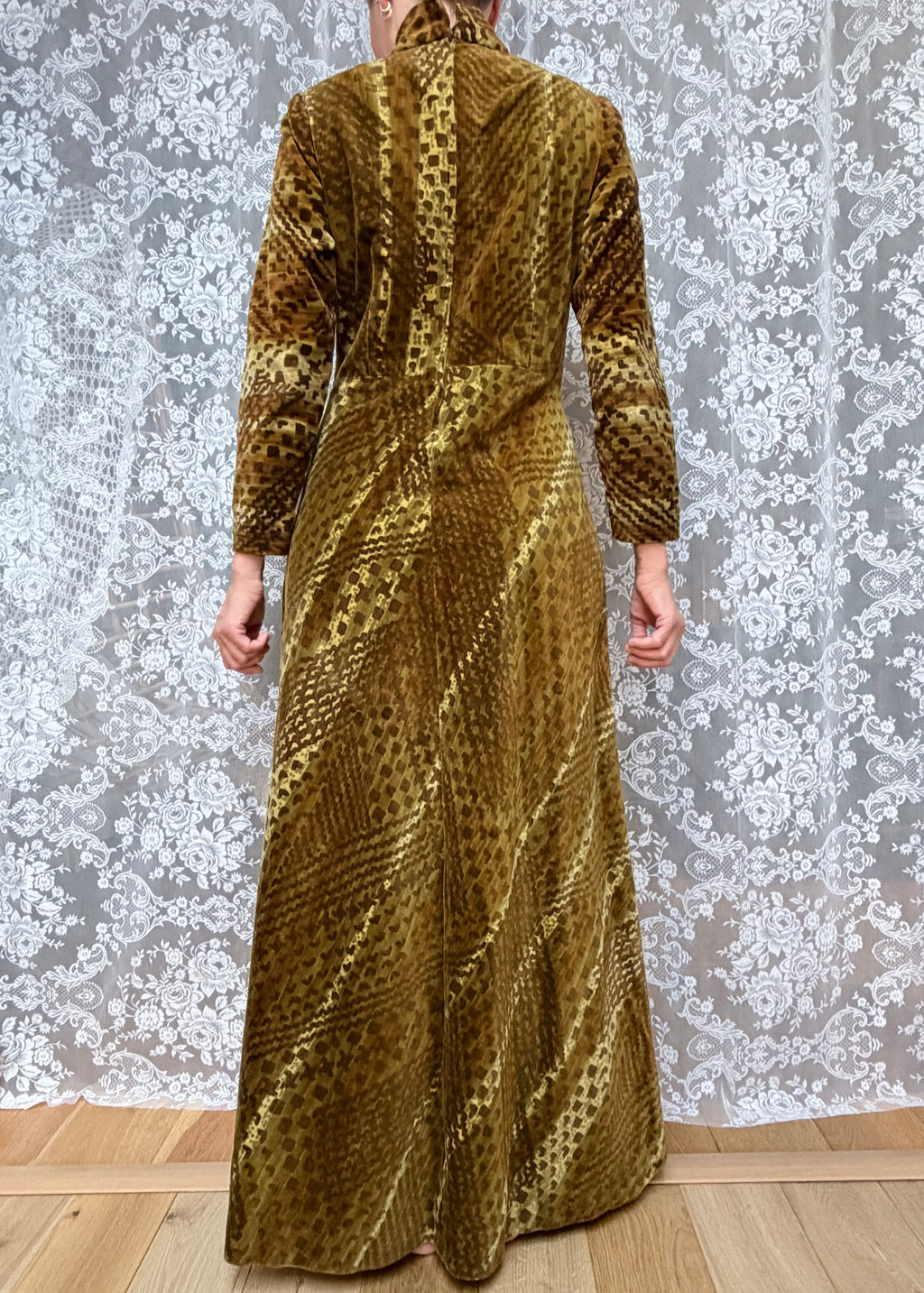 Vintage 1970s Moss Green High Neck Revival Handmade Maxi Dress
