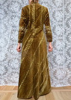 Vintage 1970s Moss Green High Neck Revival Handmade Maxi Dress