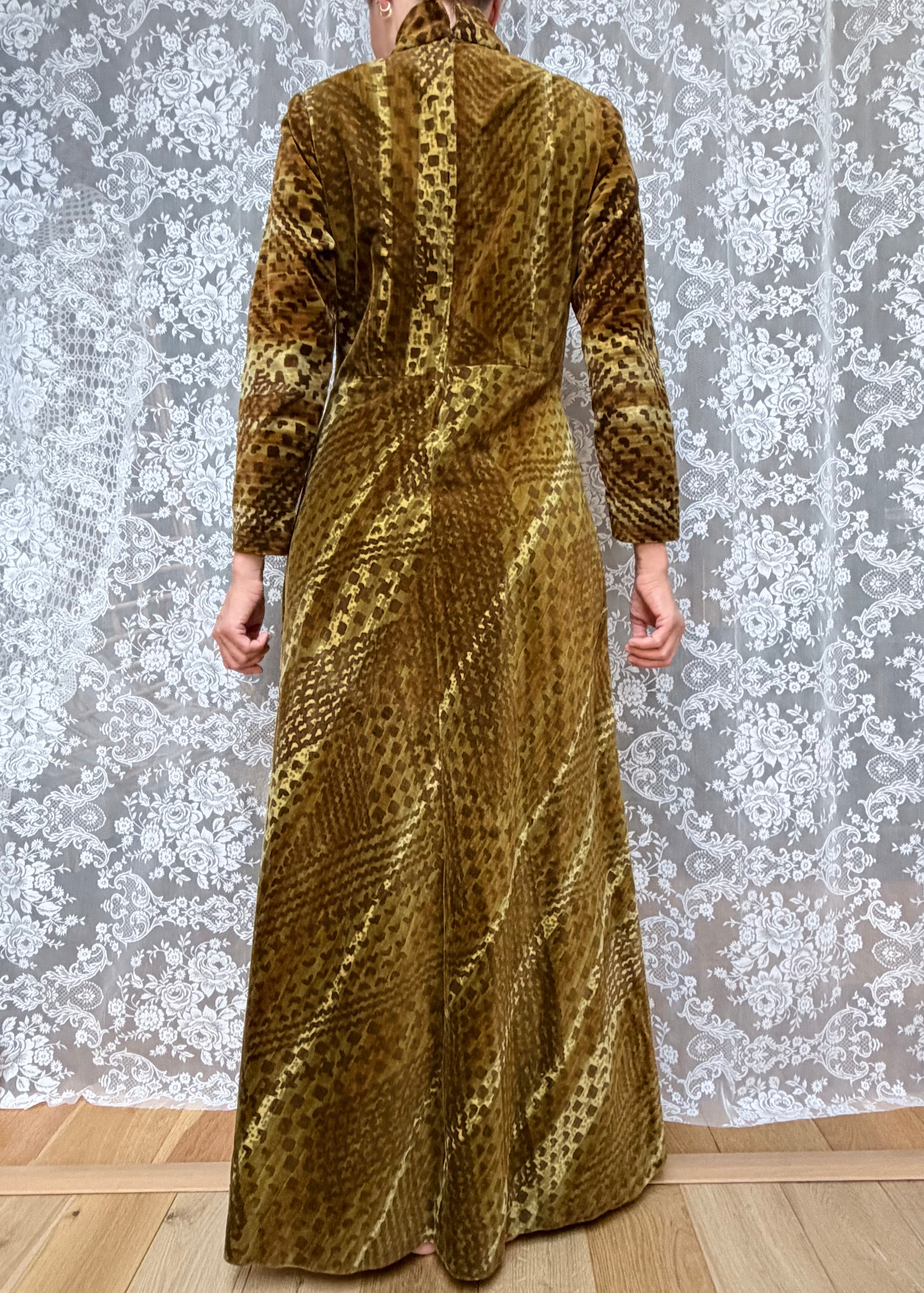 Vintage 1970s Moss Green High Neck Revival Handmade Maxi Dress