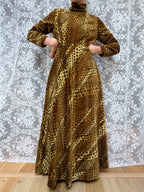 Vintage 1970s Moss Green High Neck Revival Handmade Maxi Dress