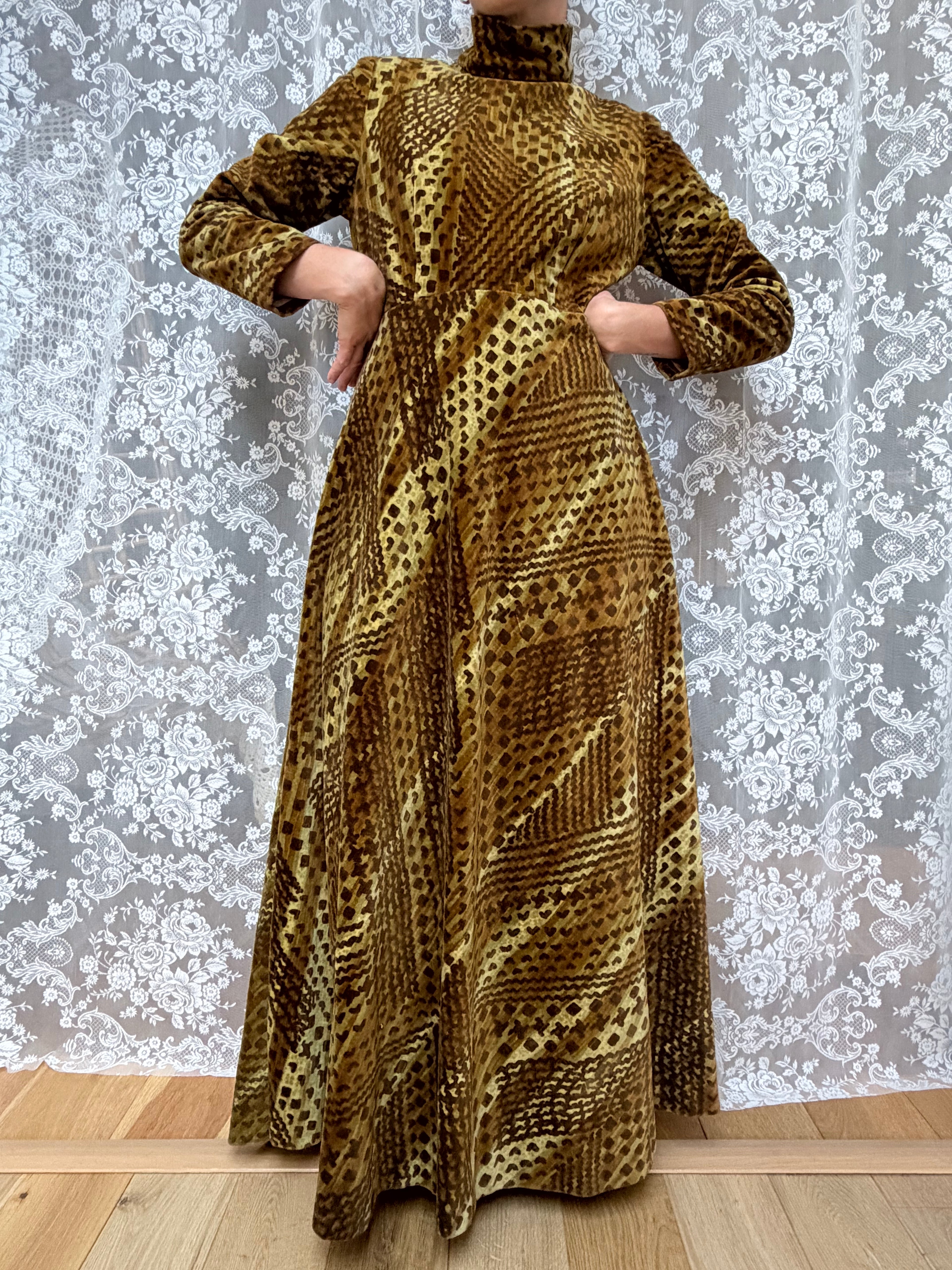 Vintage 1970s Moss Green High Neck Revival Handmade Maxi Dress