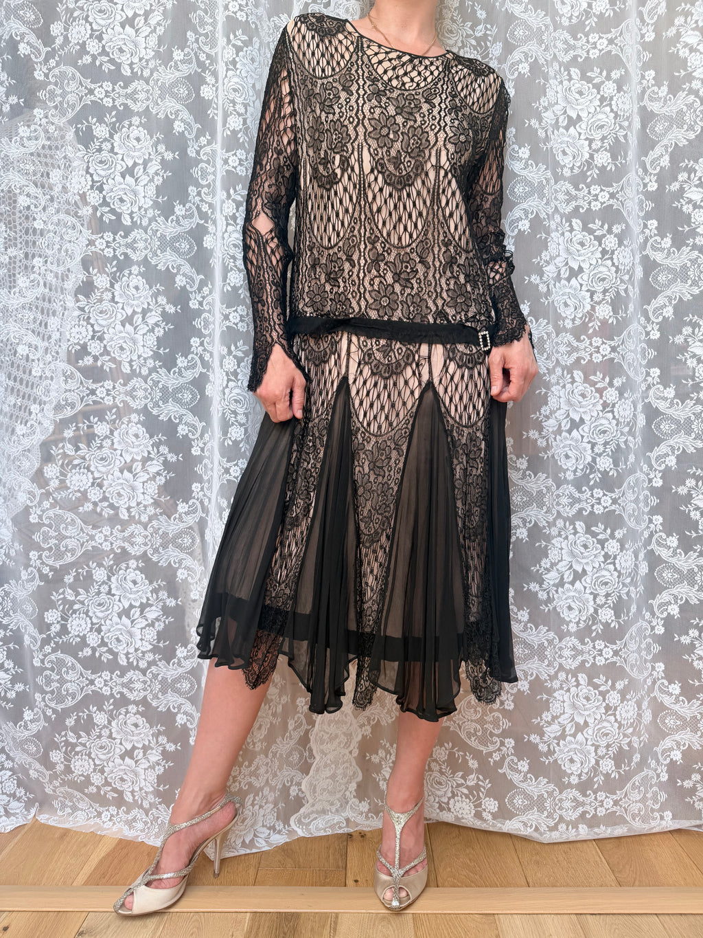 Antique 1920s–1930s Art Deco Black Lace Evening Flapper Dress