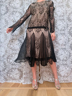 Antique 1920s–1930s Art Deco Black Lace Evening Flapper Dress