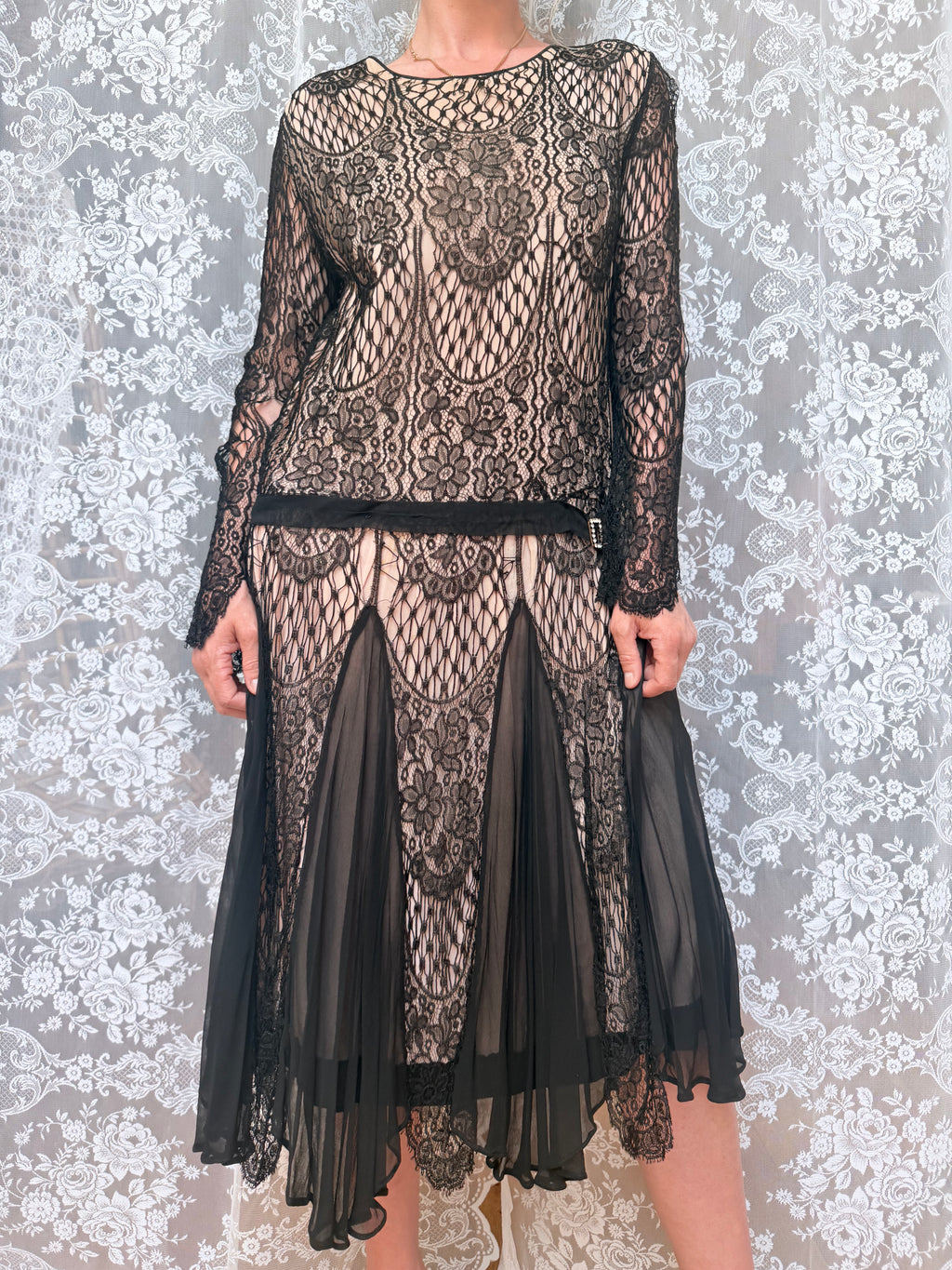 Antique 1920s–1930s Art Deco Black Lace Evening Flapper Dress