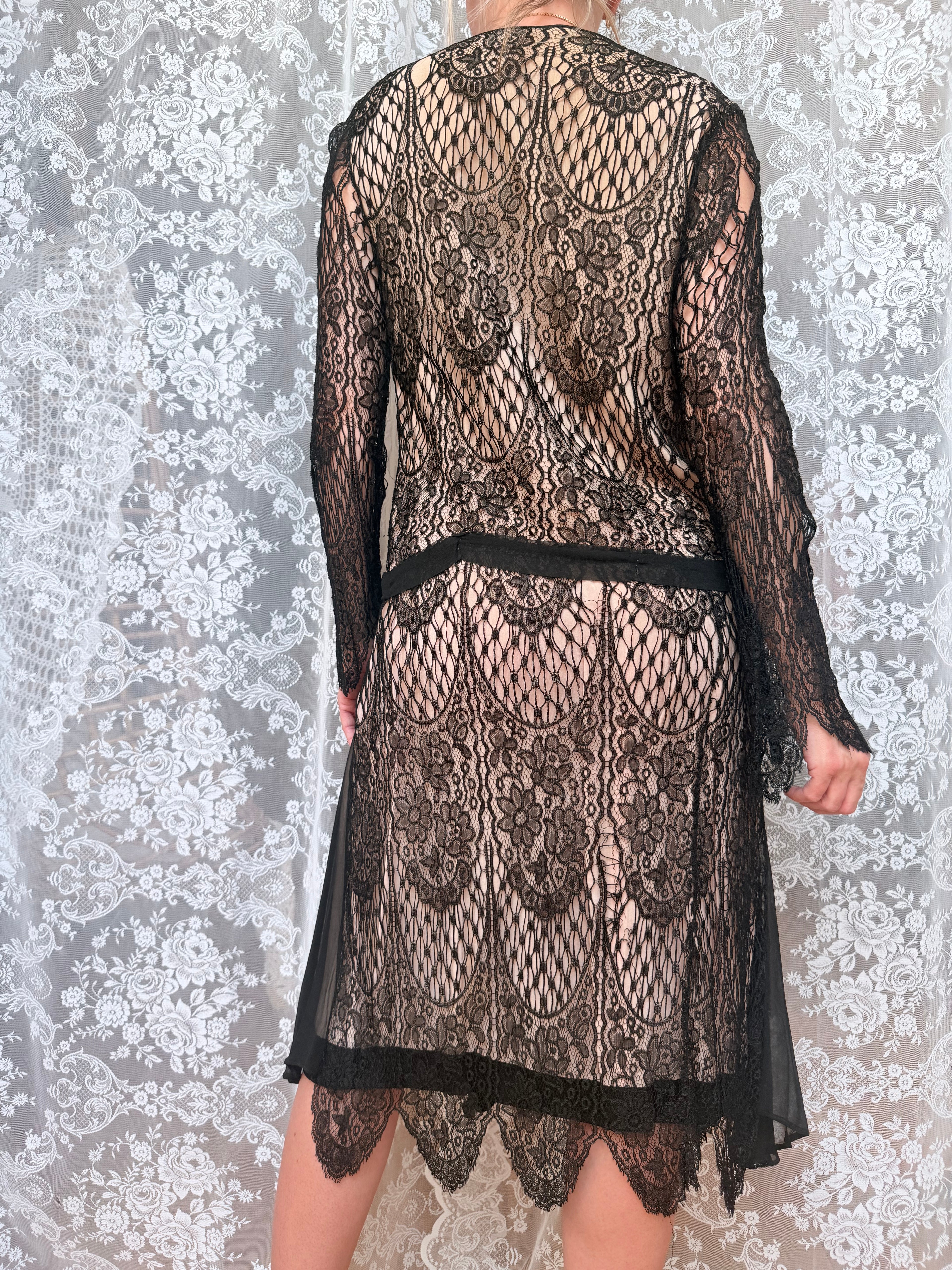 Antique 1920s–1930s Art Deco Black Lace Evening Flapper Dress
