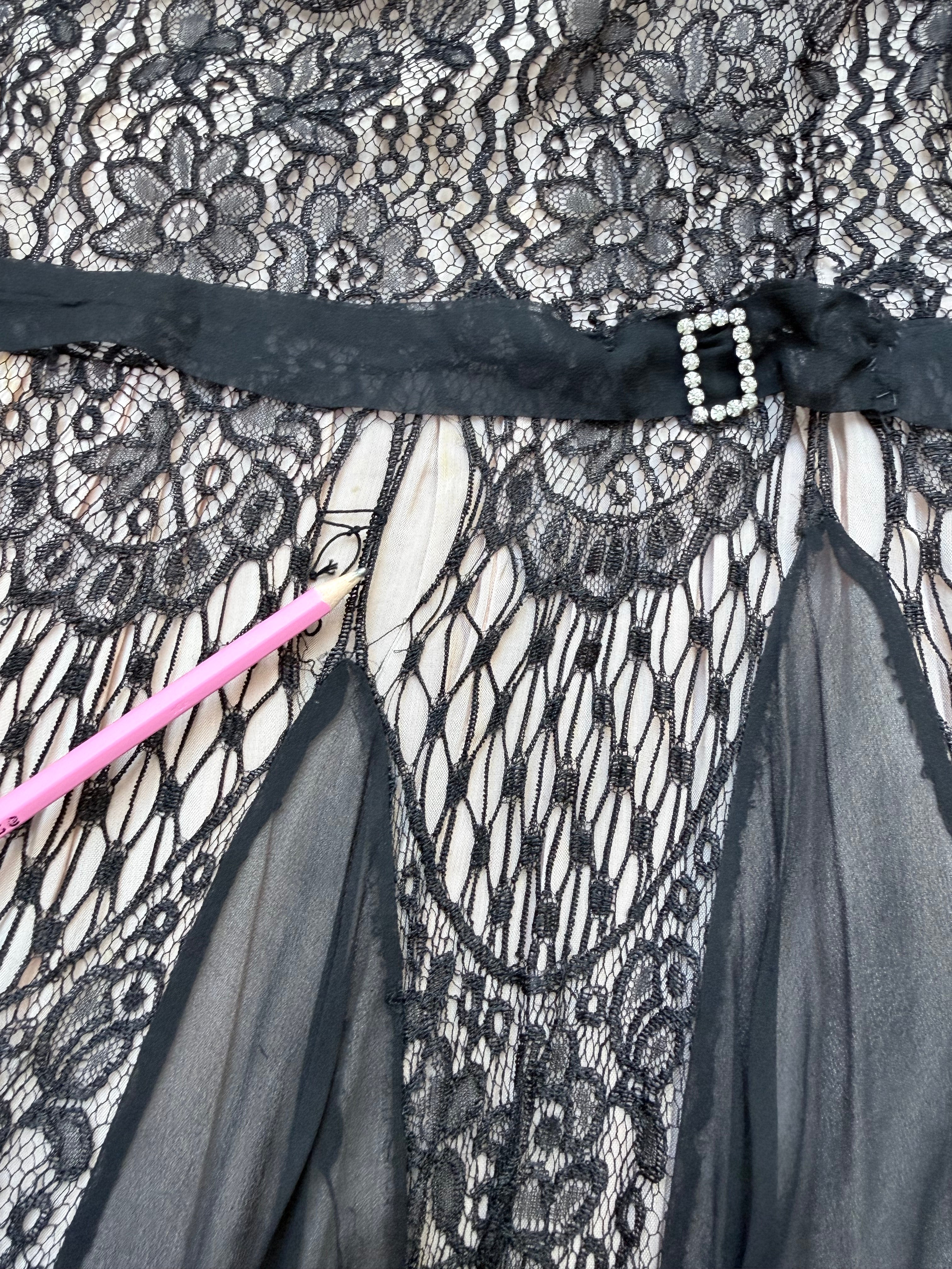Antique 1920s–1930s Art Deco Black Lace Evening Flapper Dress