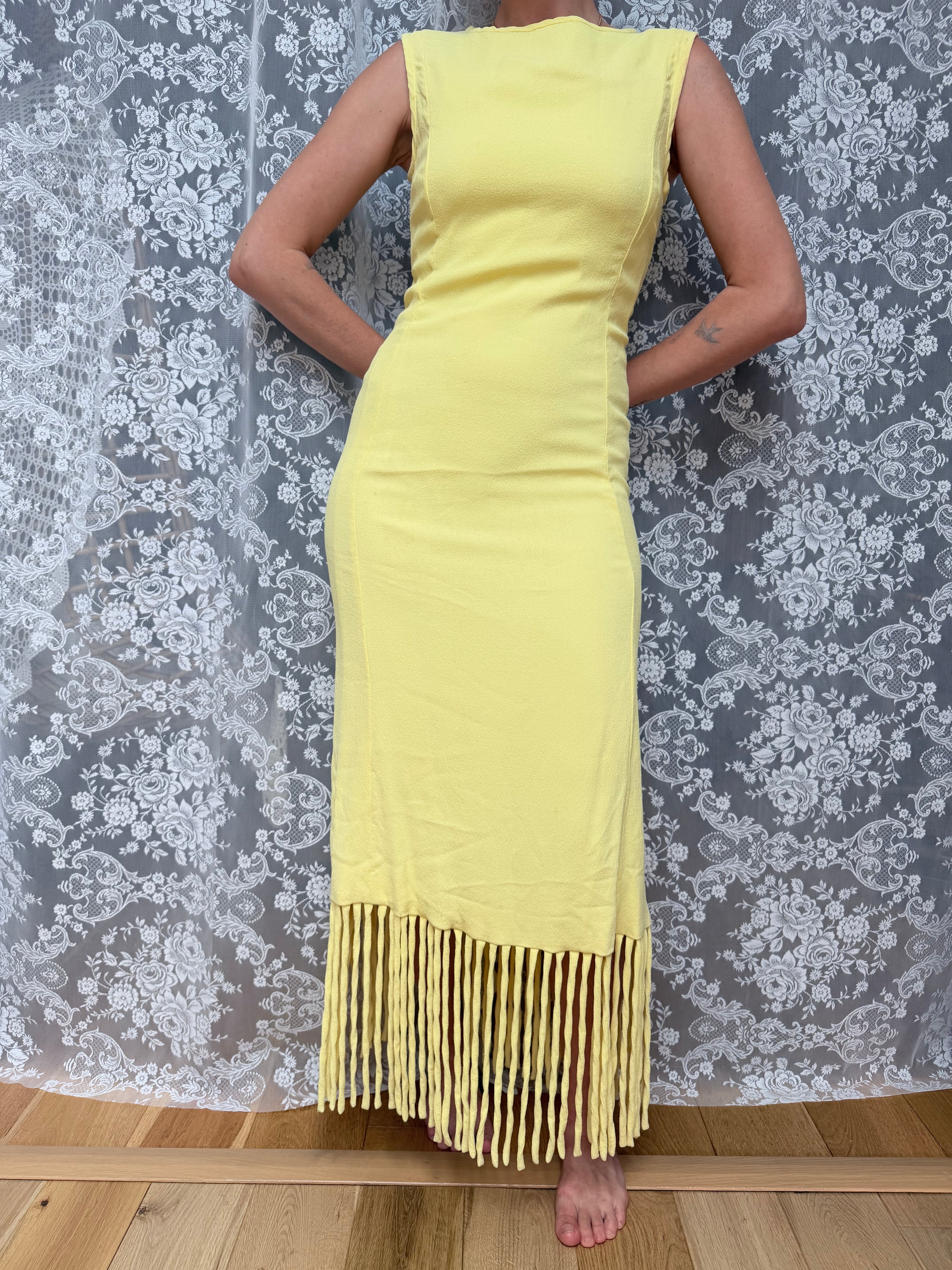 Vintage 1960s Polmarks Model Yellow Tassel Fringe Maxi Dress