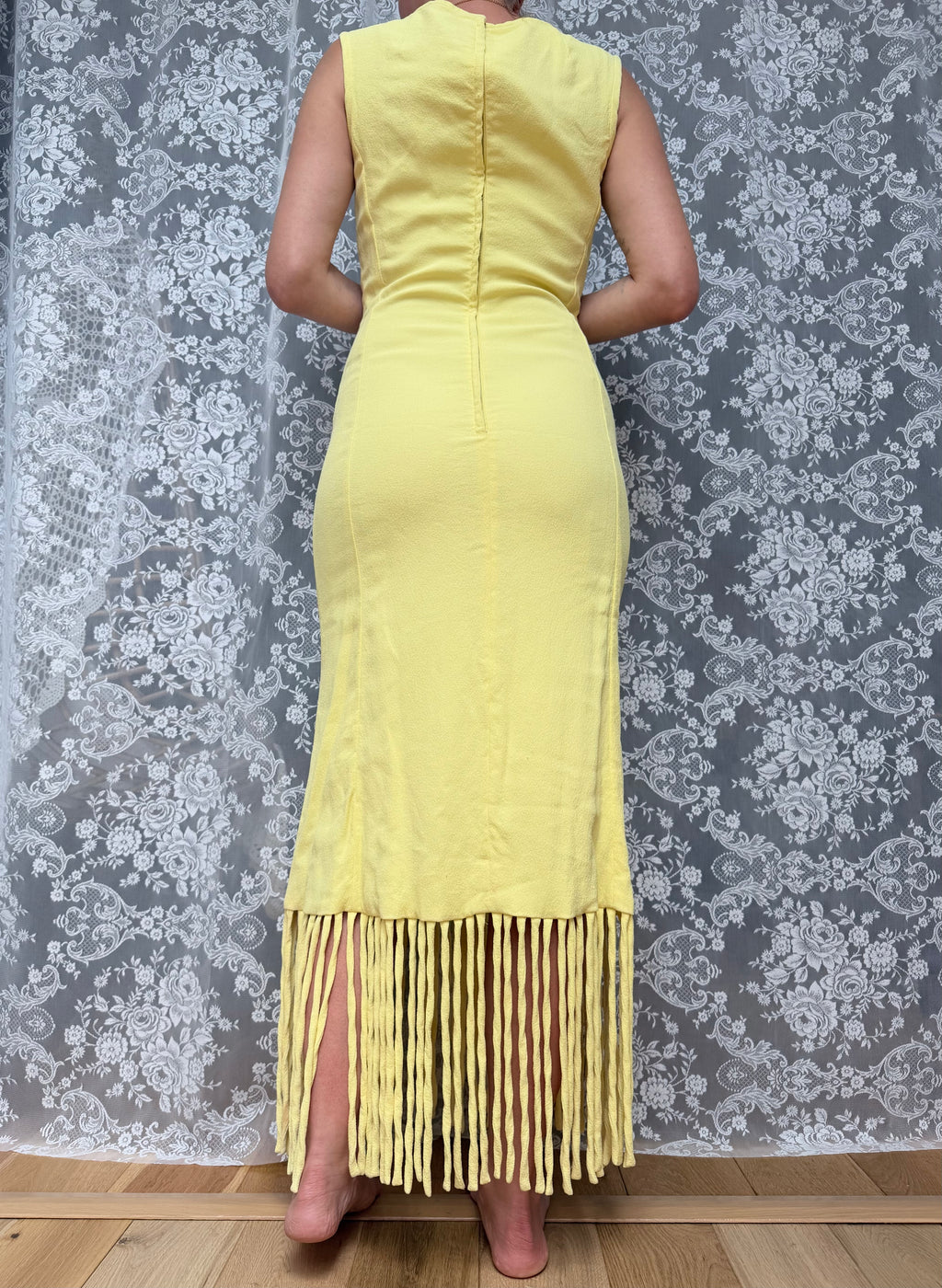 Vintage 1960s Polmarks Model Yellow Tassel Fringe Maxi Dress
