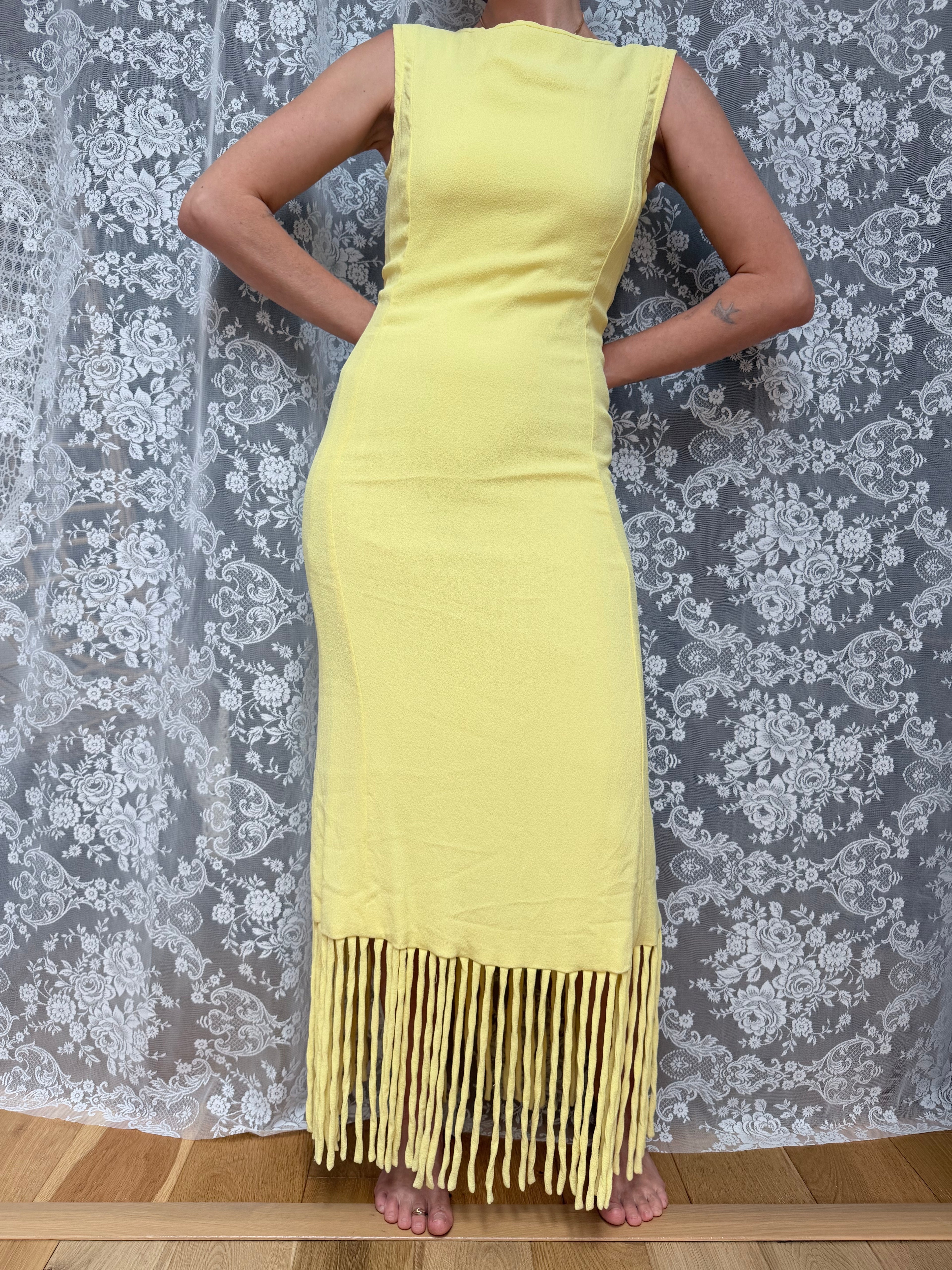 Vintage 1960s Polmarks Model Yellow Tassel Fringe Maxi Dress