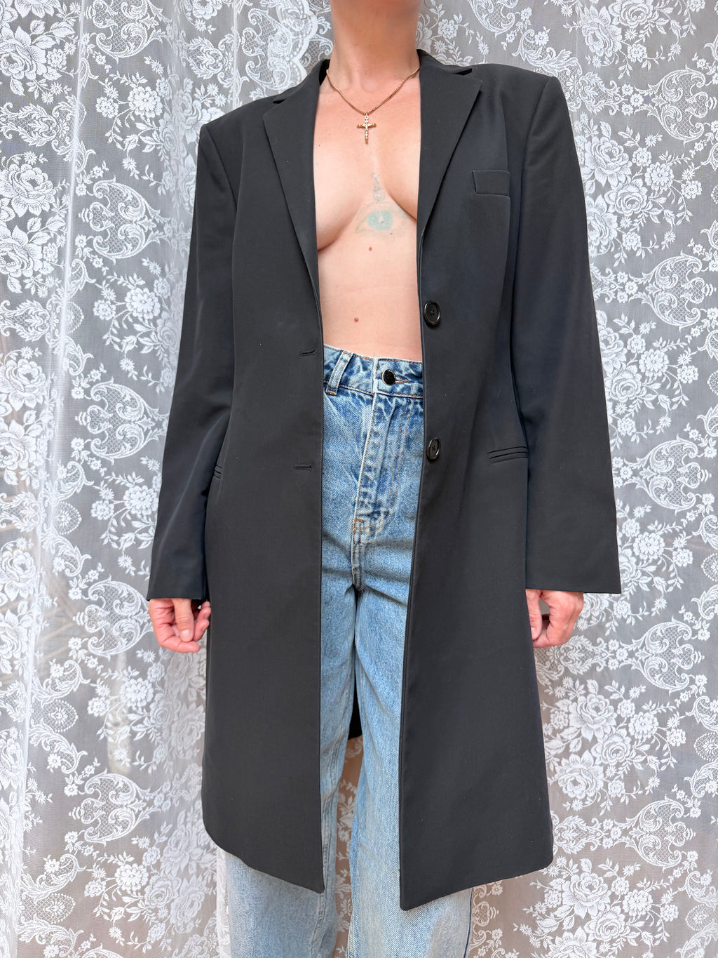 Vintage 1990s Hugo Boss Ladies Black Minimalist Overcoat Blazer