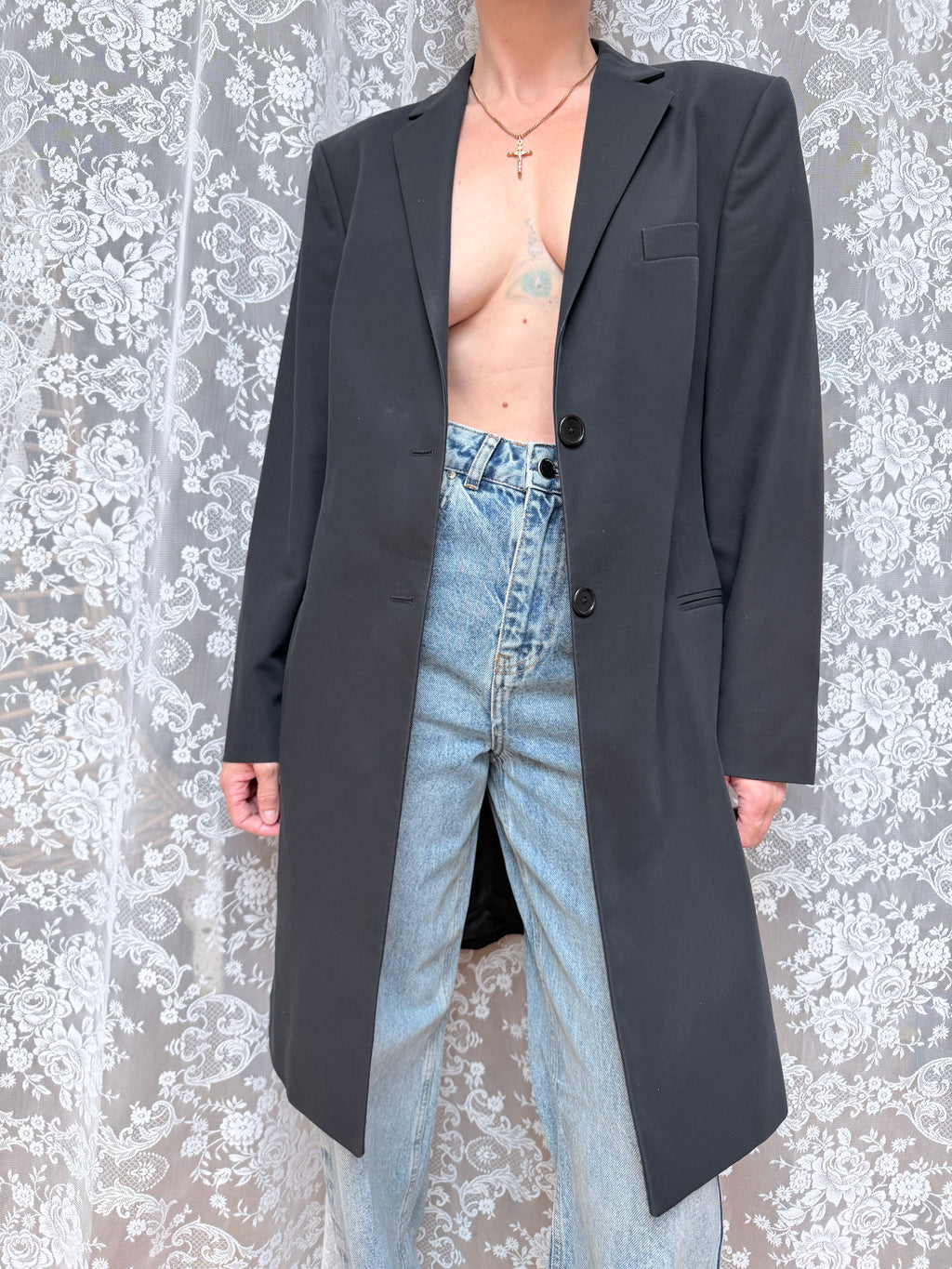 Vintage 1990s Hugo Boss Ladies Black Minimalist Overcoat Blazer