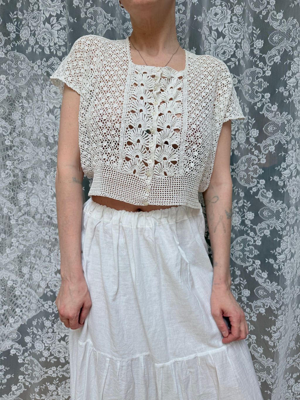 Vintage 1970s Crochet Cream Crop Top