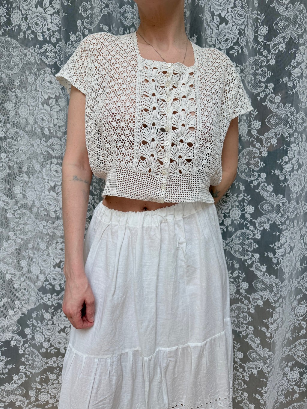 Vintage 1970s Crochet Cream Crop Top