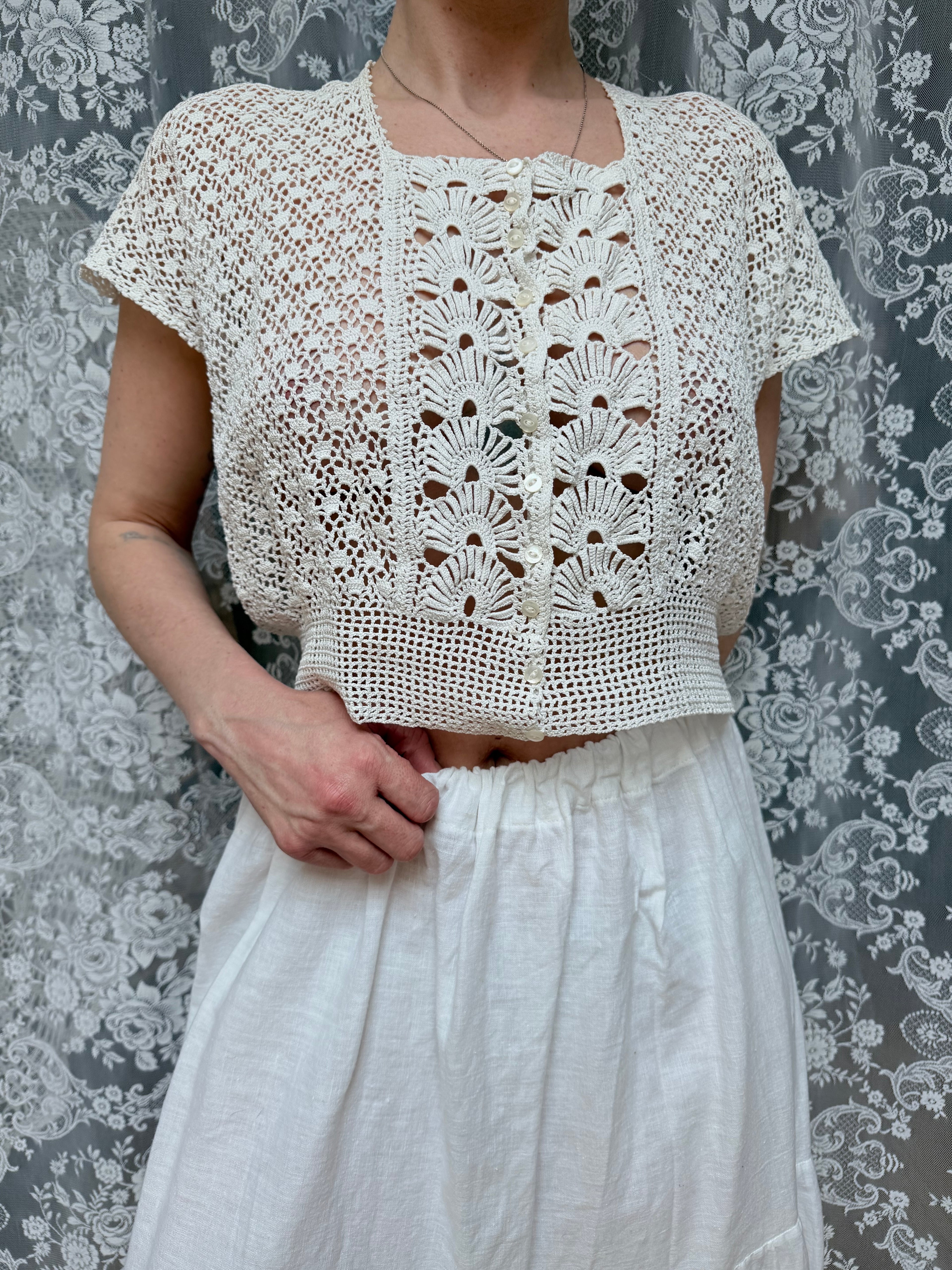 Vintage 1970s Crochet Cream Crop Top