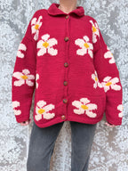 Vintage 1990s Pachamama Red Daisy Hand-Knitted Wool Cardigan