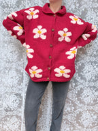 Vintage 1990s Pachamama Red Daisy Hand-Knitted Wool Cardigan