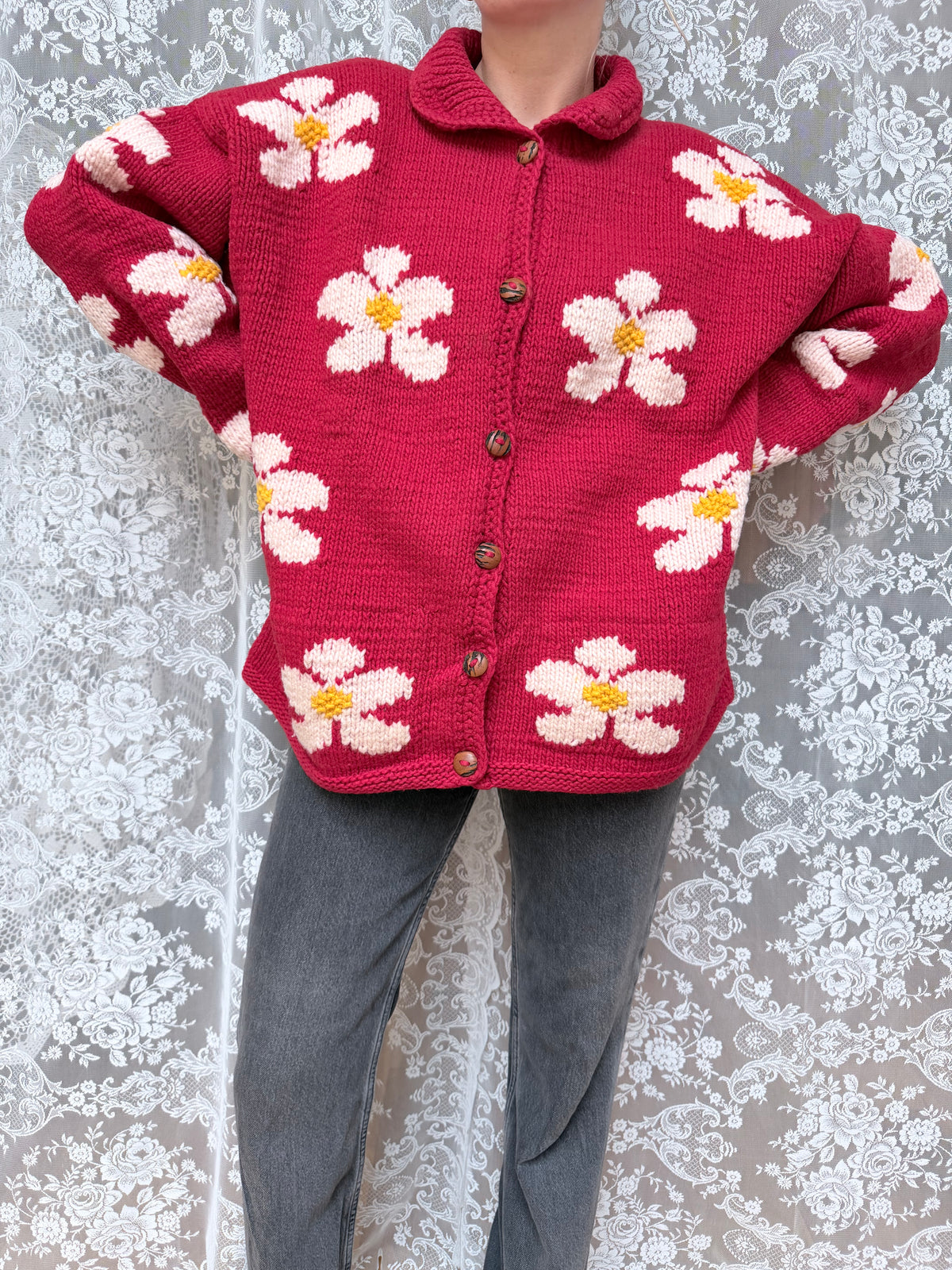 Vintage 1990s Pachamama Red Daisy Hand-Knitted Wool Cardigan