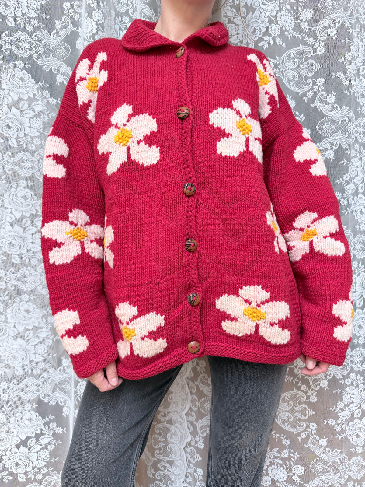 Vintage 1990s Pachamama Red Daisy Hand-Knitted Wool Cardigan