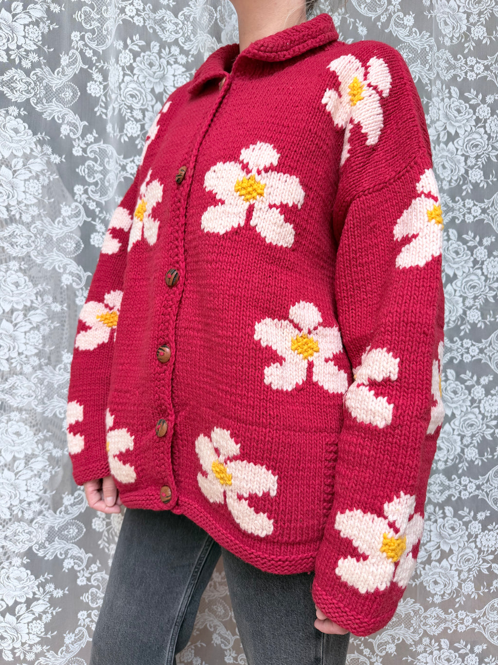 Vintage 1990s Pachamama Red Daisy Hand-Knitted Wool Cardigan