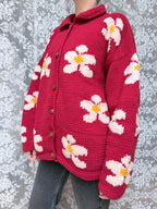 Vintage 1990s Pachamama Red Daisy Hand-Knitted Wool Cardigan