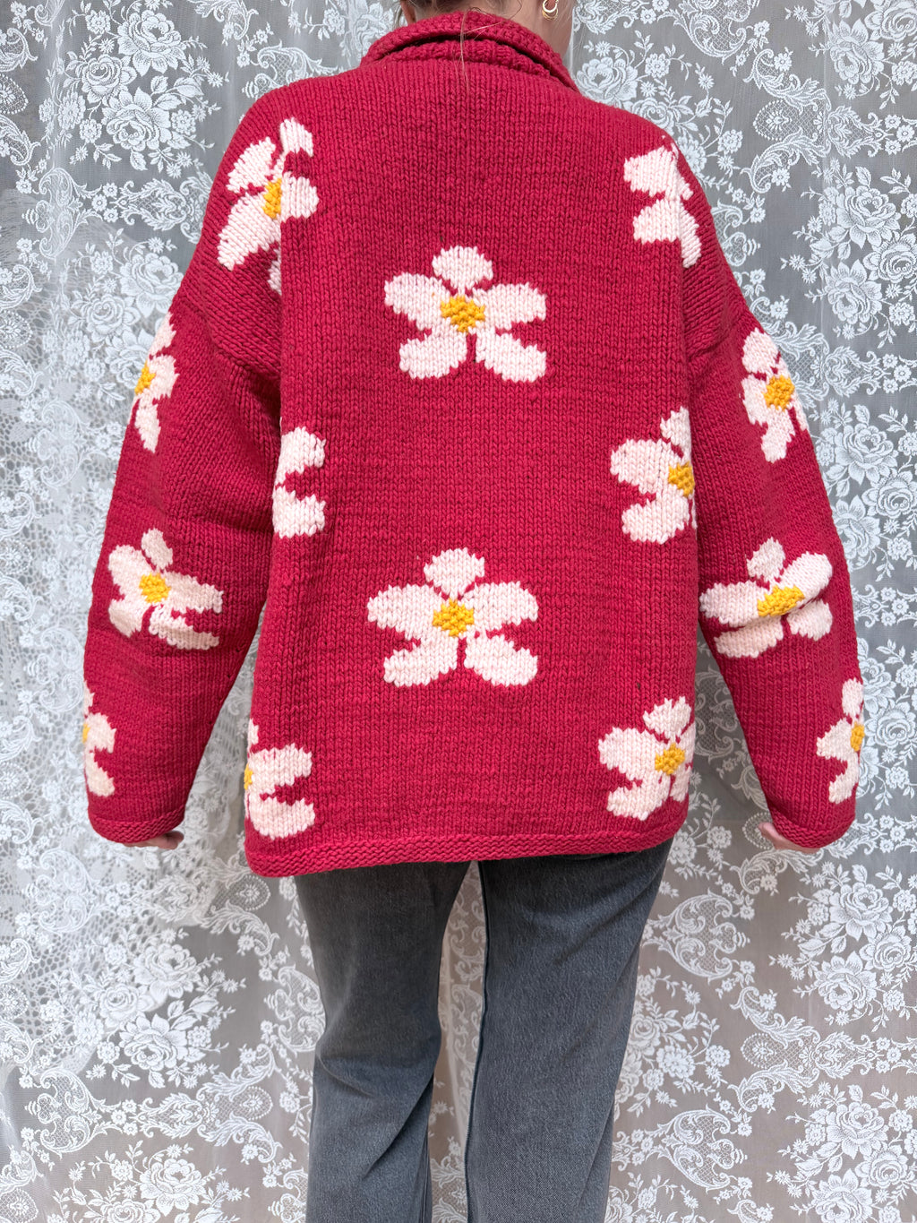 Vintage 1990s Pachamama Red Daisy Hand-Knitted Wool Cardigan