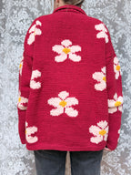 Vintage 1990s Pachamama Red Daisy Hand-Knitted Wool Cardigan
