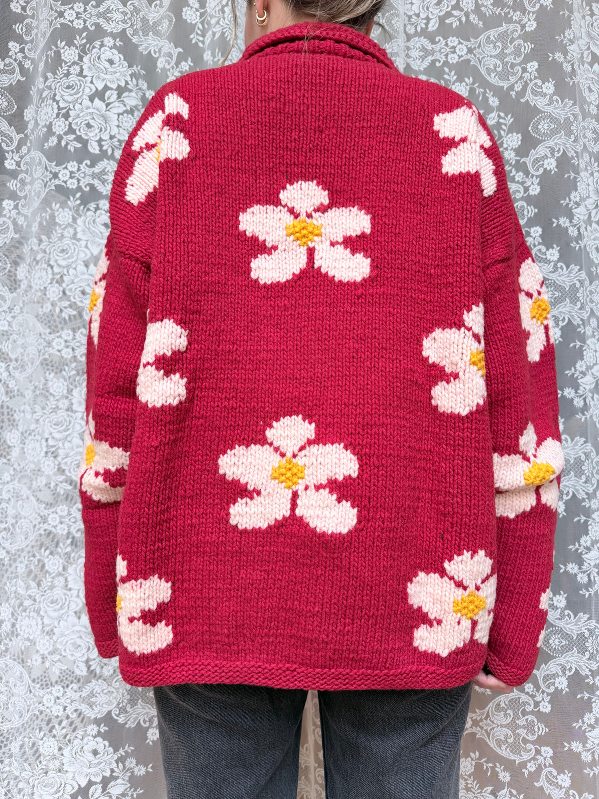 Vintage 1990s Pachamama Red Daisy Hand-Knitted Wool Cardigan