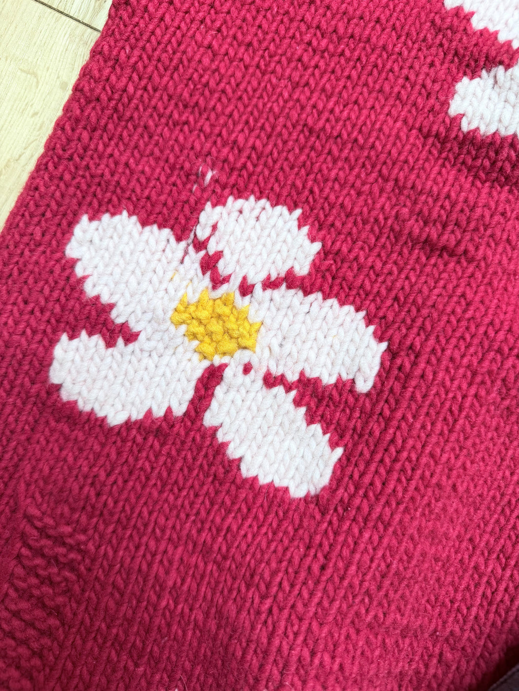 Vintage 1990s Pachamama Red Daisy Hand-Knitted Wool Cardigan
