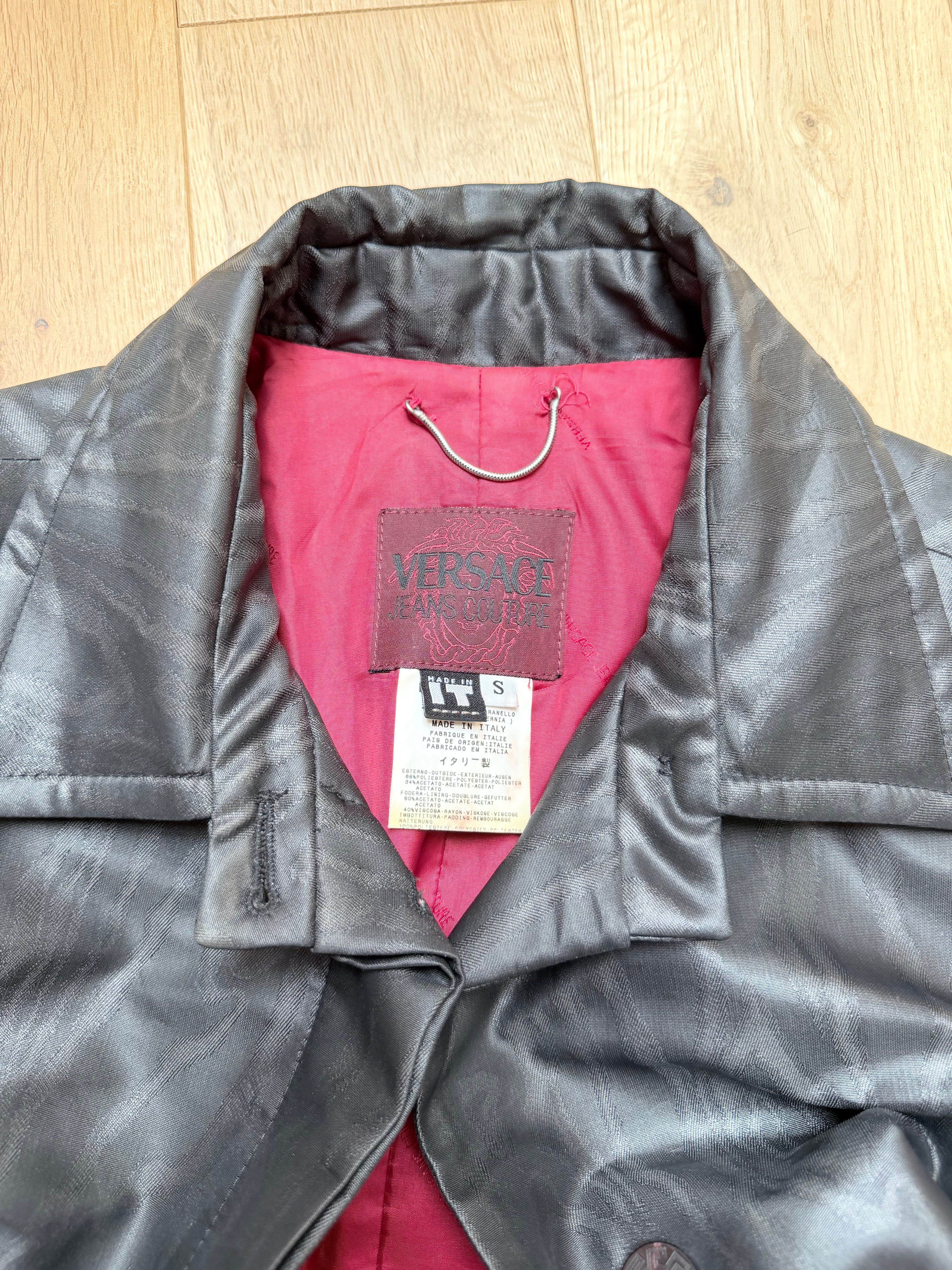 Vintage 1990s Versace Jeans Couture Minimalist Black Trench Coat