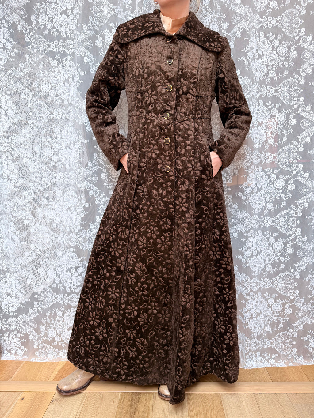 Beautiful Vintage 1960s Heavy Velvet Carpet Coat with Dagger Collar | Elgee of London