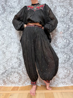 Rare 1970s French Connection Boho Embroidered Cotton Harem Two Piece