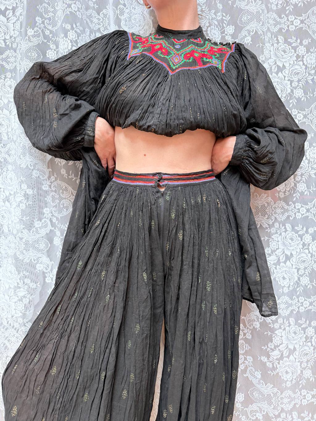 Rare 1970s French Connection Boho Embroidered Cotton Harem Two Piece