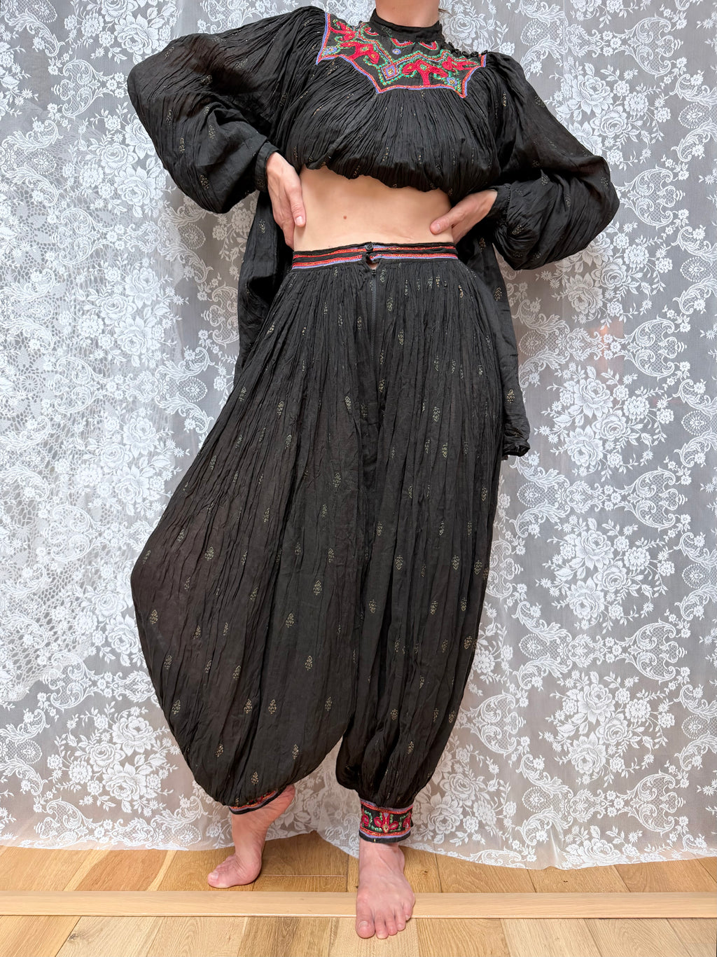 Rare 1970s French Connection Boho Embroidered Cotton Harem Two Piece