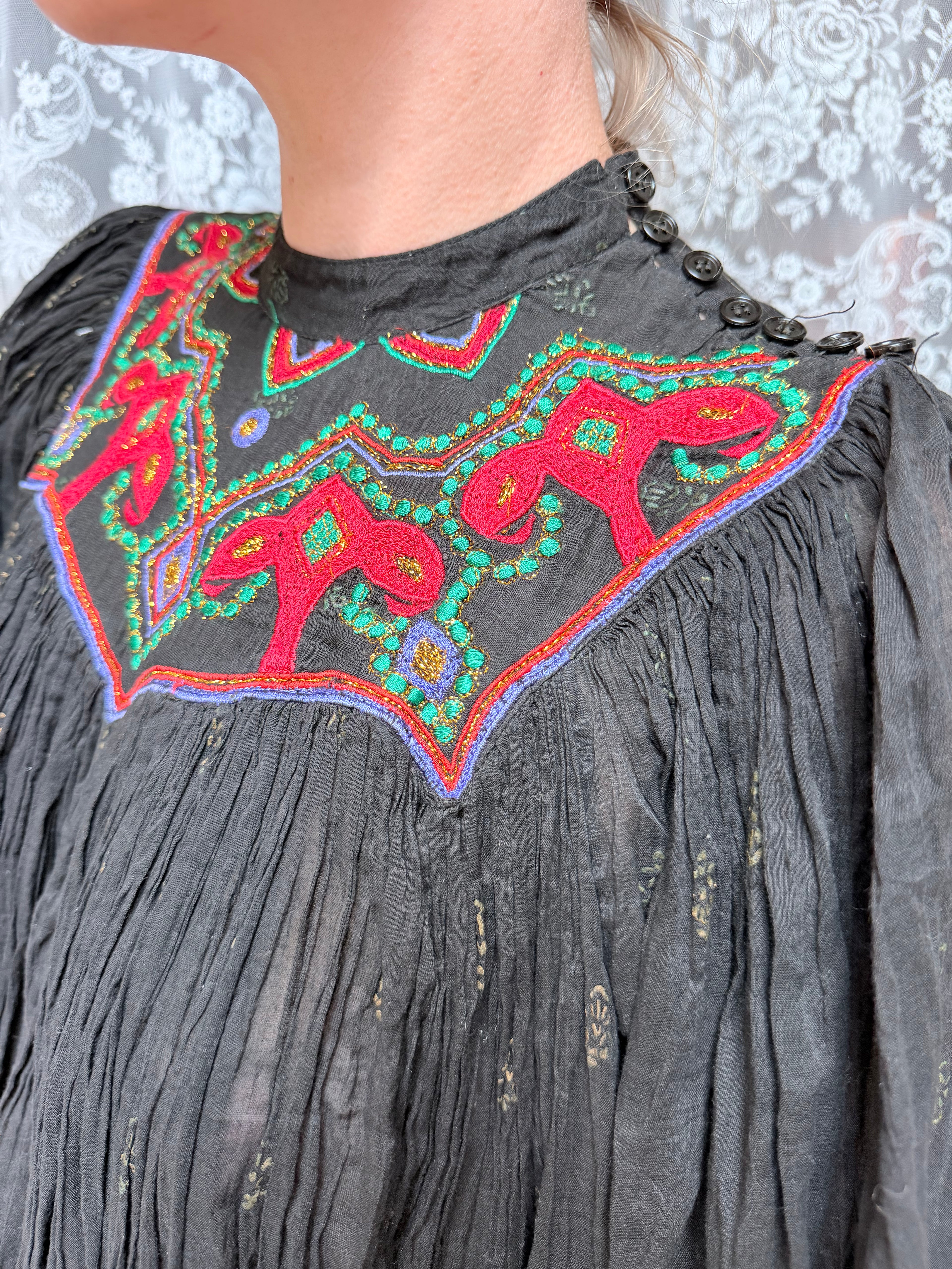 Rare 1970s French Connection Boho Embroidered Cotton Harem Two Piece
