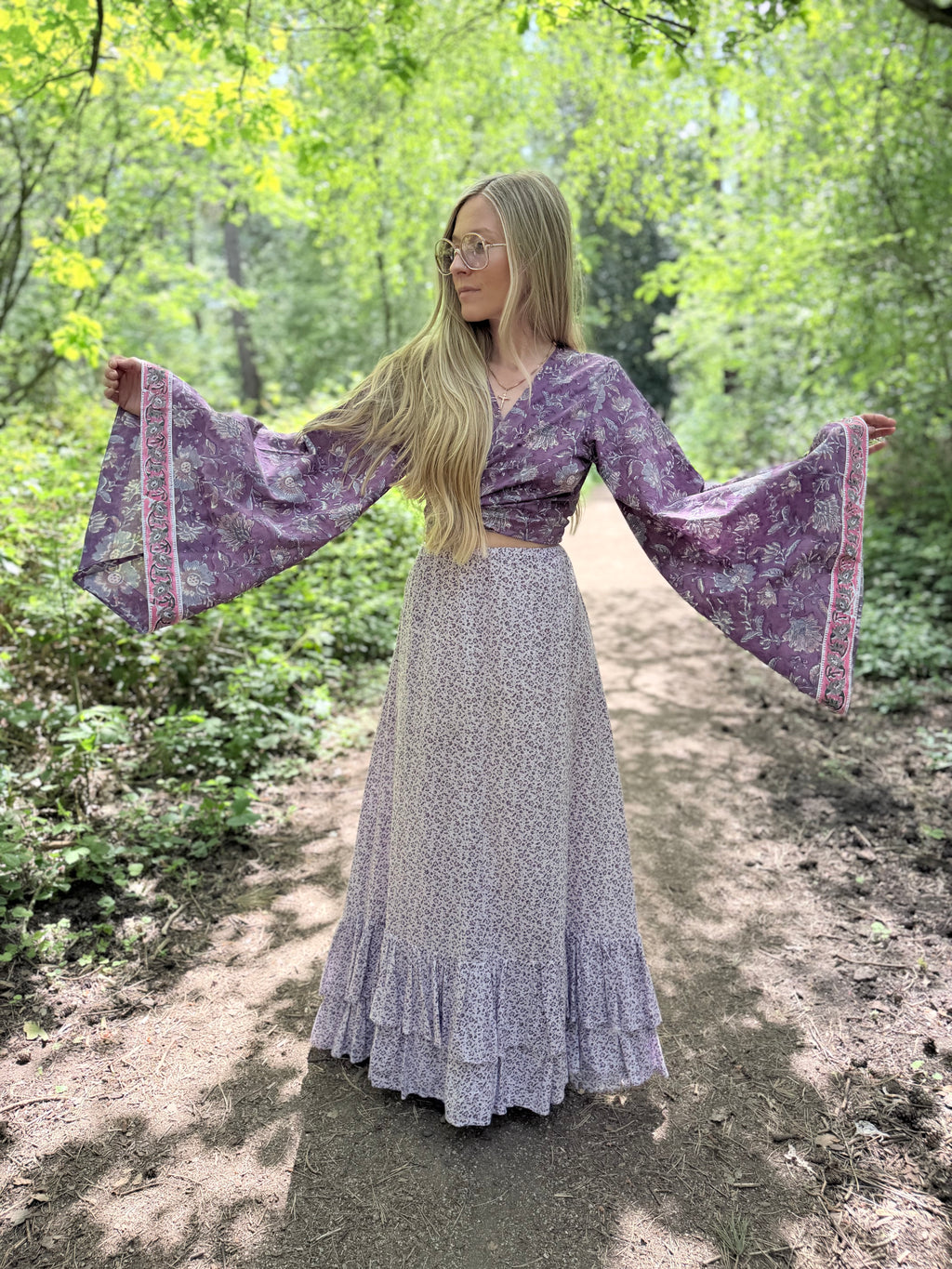 The Sofiya: Bell Sleeve Block Print Wrap Blouse in Amethyst Purple