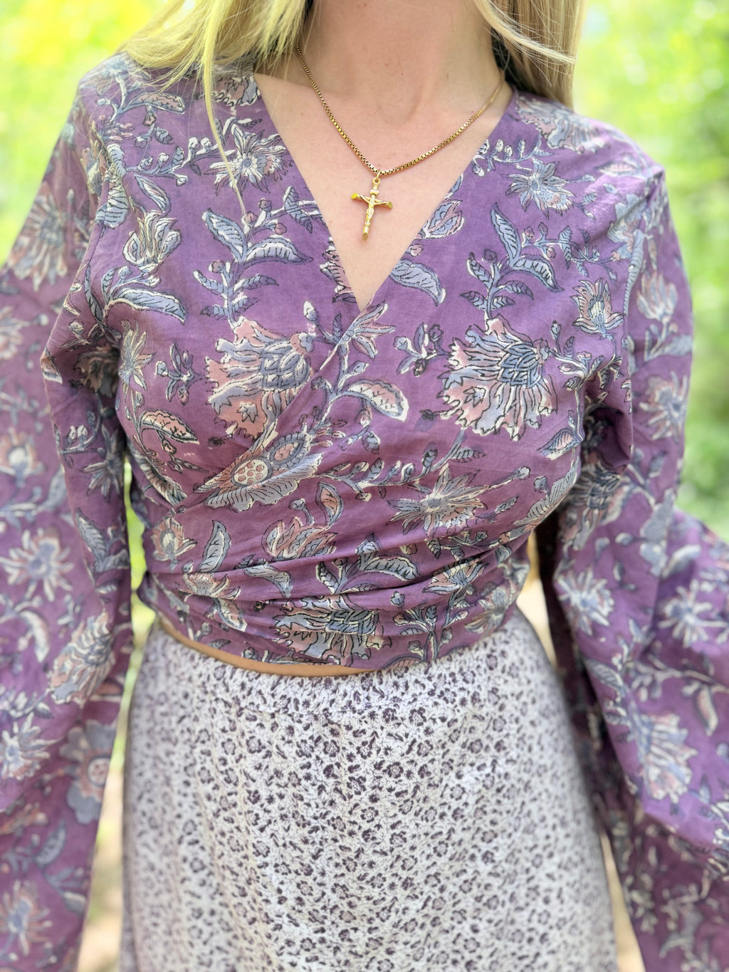 The Sofiya: Bell Sleeve Block Print Wrap Blouse in Amethyst Purple
