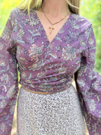 The Sofiya: Bell Sleeve Block Print Wrap Blouse in Amethyst Purple