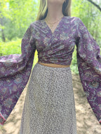 The Sofiya: Bell Sleeve Block Print Wrap Blouse in Amethyst Purple