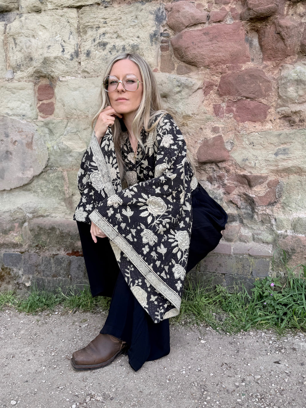 The Sofiya: Bell Sleeve Block Print Wrap Blouse in Black Floral