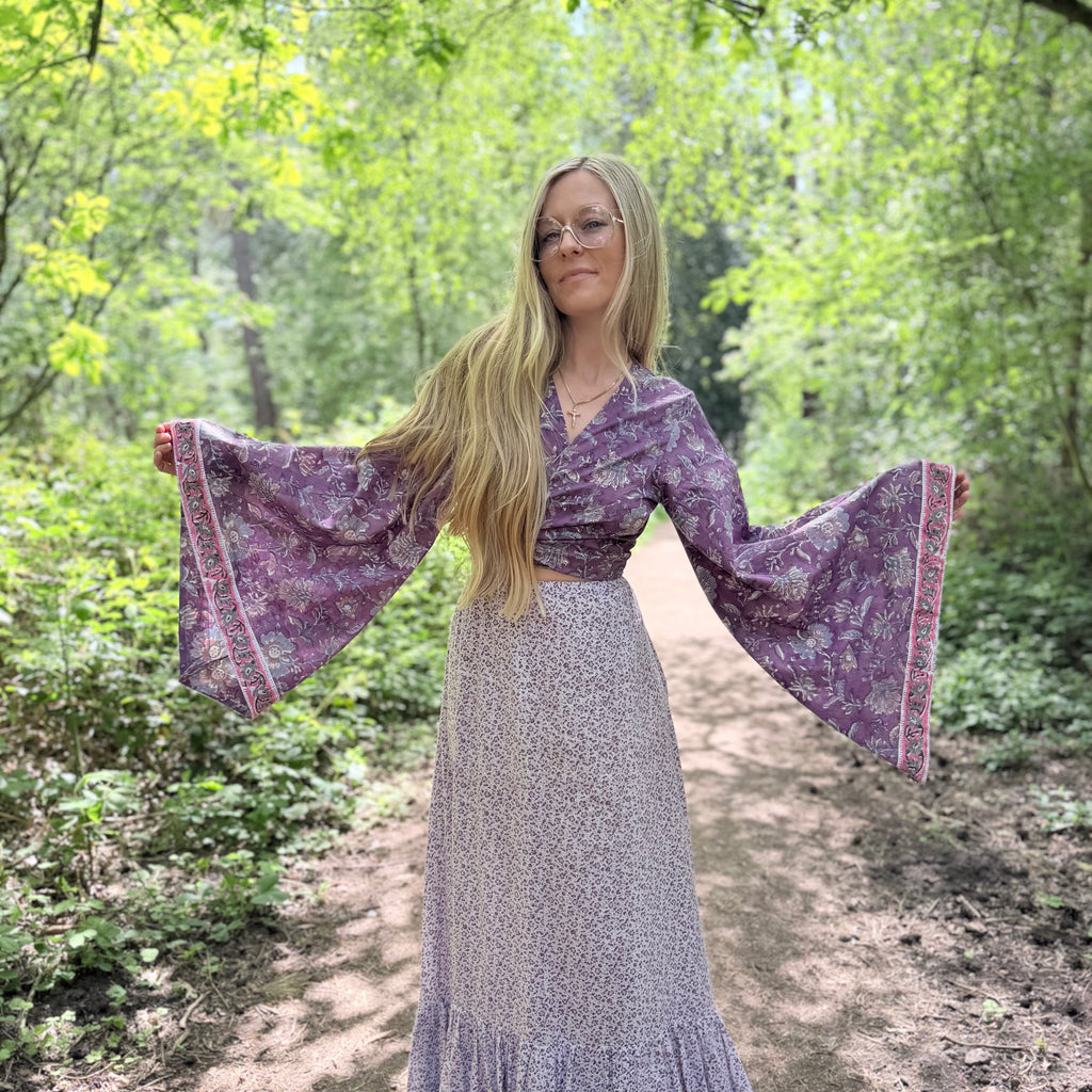The Sofiya: Bell Sleeve Block Print Wrap Blouse in Amethyst Purple