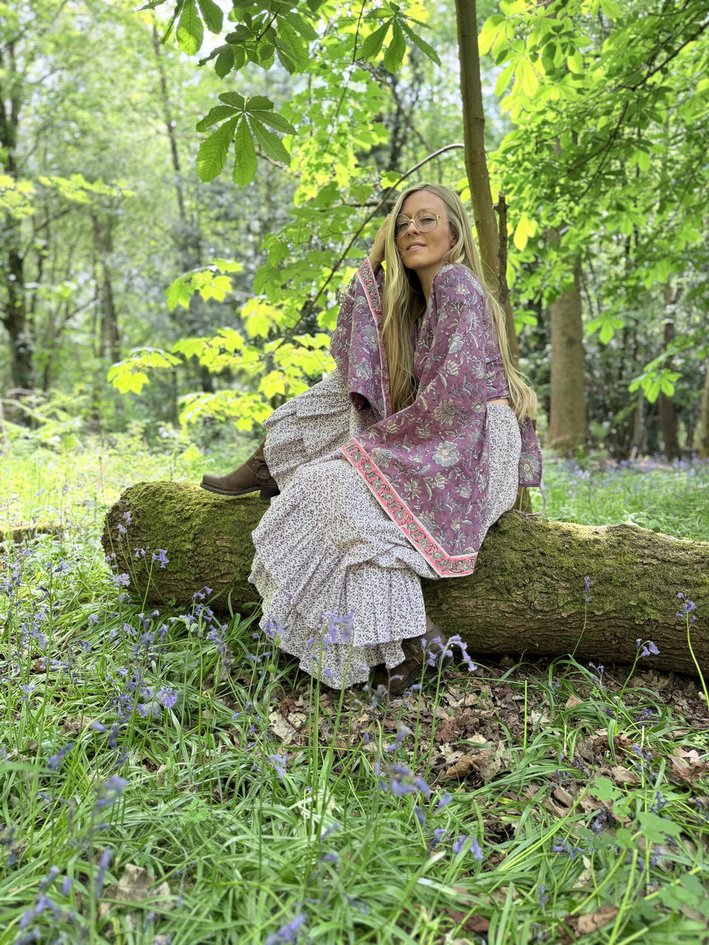 The Sofiya: Bell Sleeve Block Print Wrap Blouse in Amethyst Purple