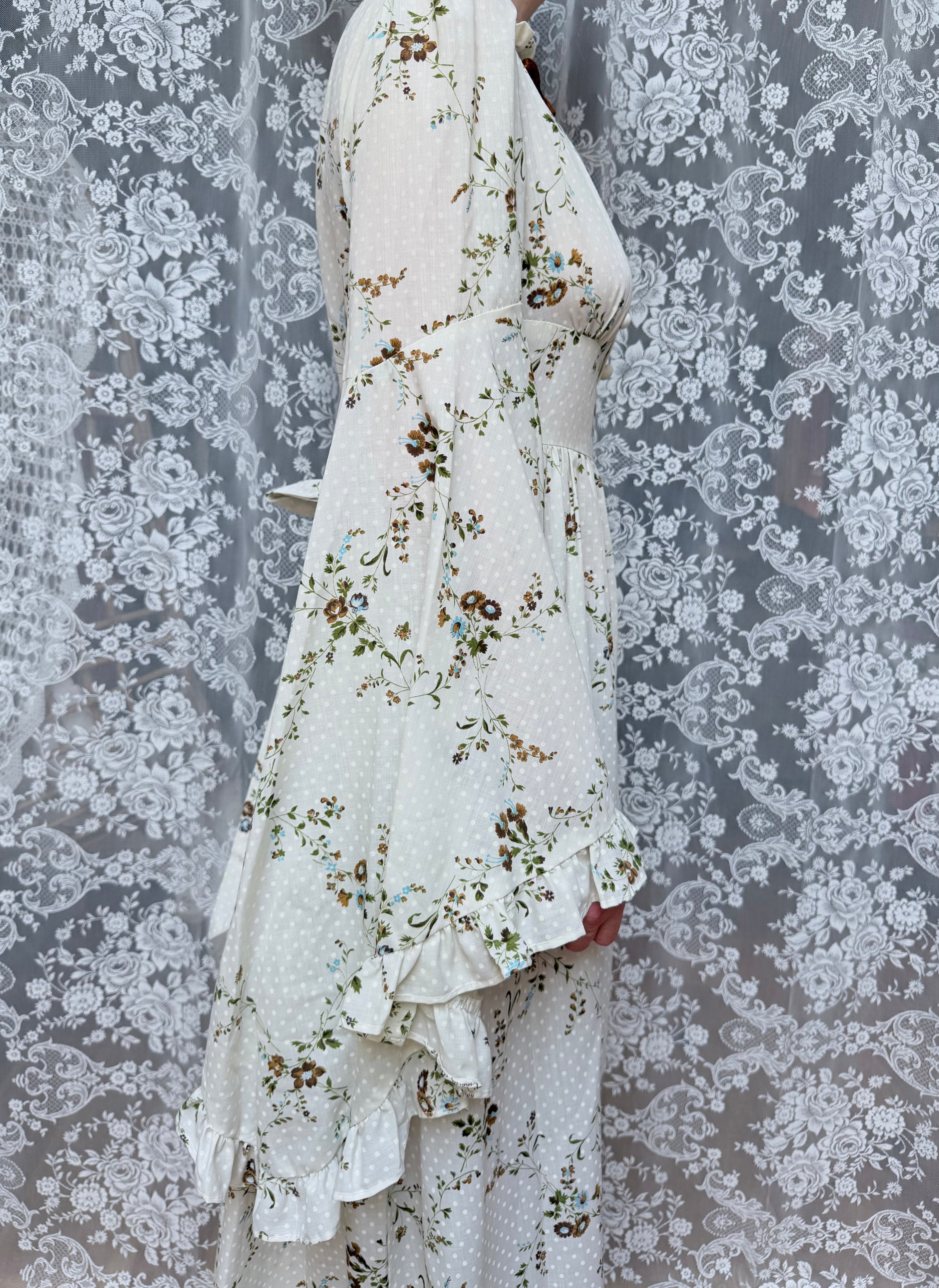 The Maria: Vintage 1970s Bell Sleeve Floral Maxi Dress