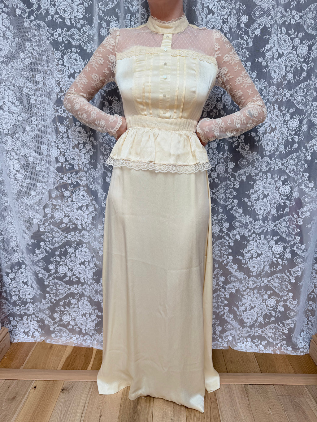 The Diana: Vintage 1970s Candi Jones Bridal Peplum Dress