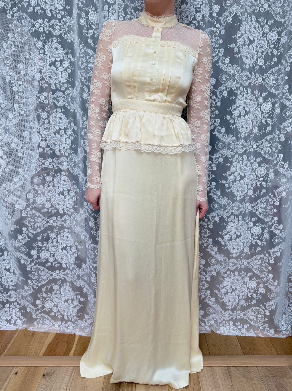 The Diana: Vintage 1970s Candi Jones Bridal Peplum Dress