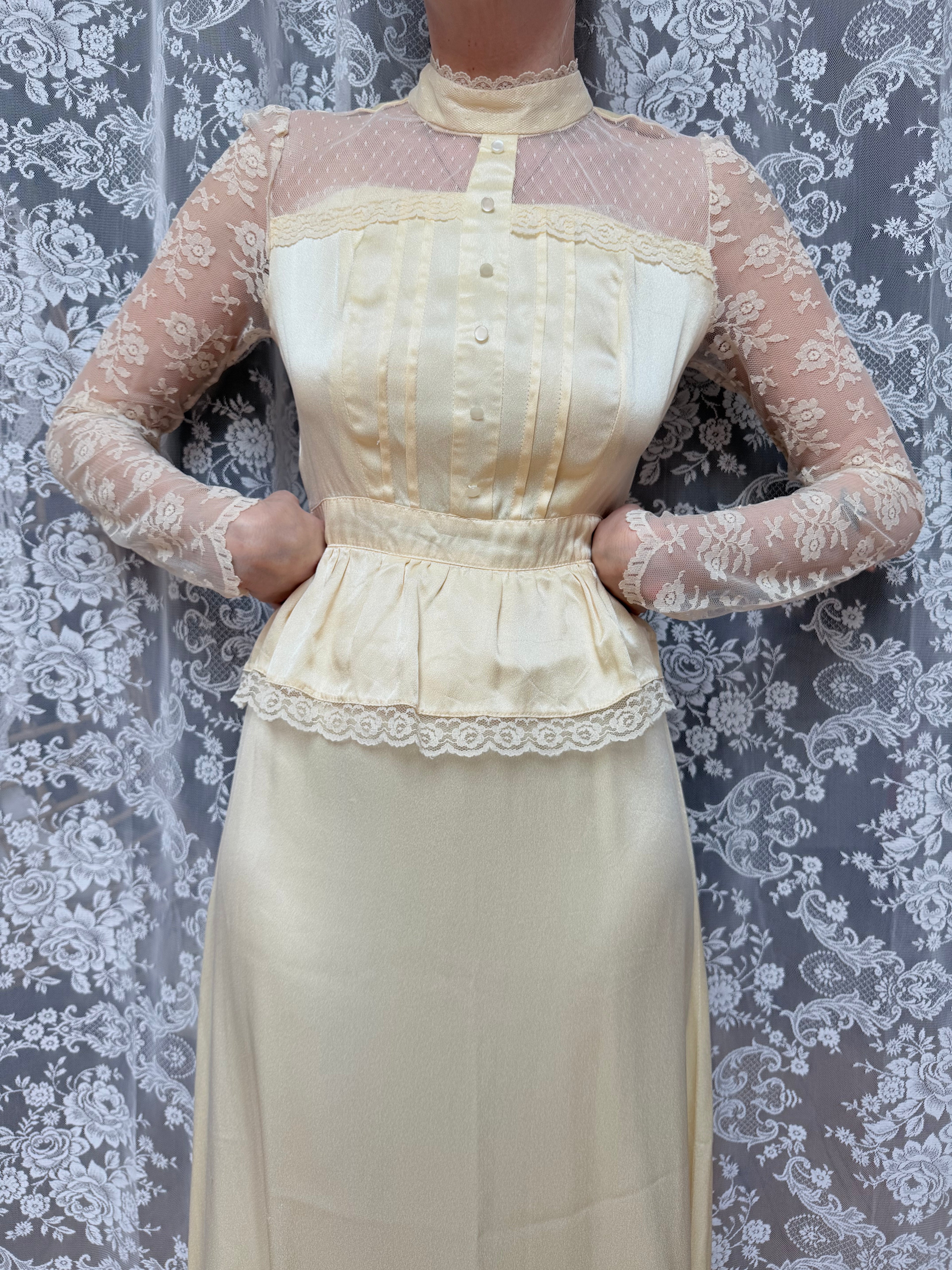The Diana: Vintage 1970s Candi Jones Bridal Peplum Dress